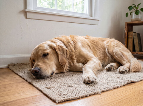 Peaceful Golden Retriever dog sleeping on a textured rug indoors, next to a sunlit window and rustic wooden shelf.