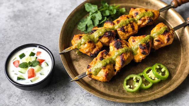 Spicy Chicken malai tikka boti traditional pakistani bbq food with raita top view on grey background
