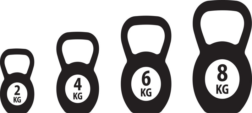 Kettlebell weights icons set, fitness kettlebell weight vector with different weights vector icons, strength training symbols, gym equipment graphics, and workout design elements.