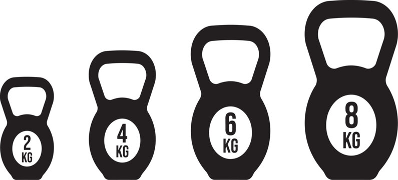 Kettlebell weights icons set, fitness kettlebell weight vector with different weights vector icons, exercise equipment illustrations, bodybuilding concepts, cross training assets, and health fitness