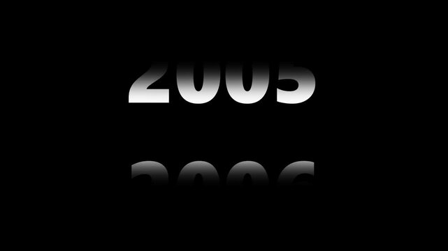 Retro digital date counter animation: changing years from 1999 to 2008 on black background, 2002 2005