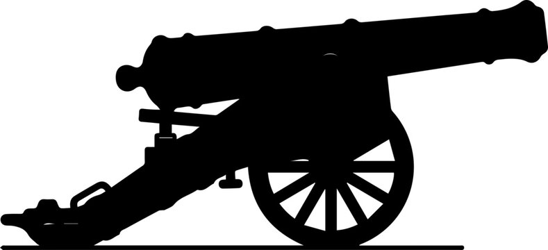 Cannon silhouette, military artillery, black vector icon, historical weapon, war machine
