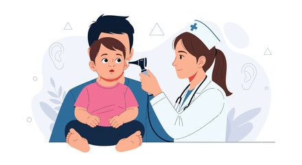 Obraz premium Doctor Examining Child's Ear with Otoscope, Father Present - Healthcare and Pediatrics Illustration