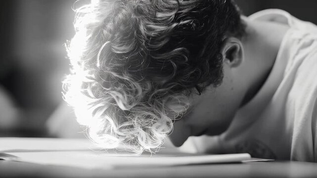A young man with curly hair is deeply focused, head bowed over a book or desk, bathed in dramatic light creating a somber, introspective mood. Created with Generative AI, not depicting real subjects.