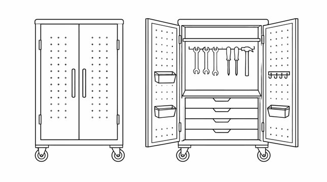 Industrial Tool Storage Cabinet with Open Doors and Drawers.