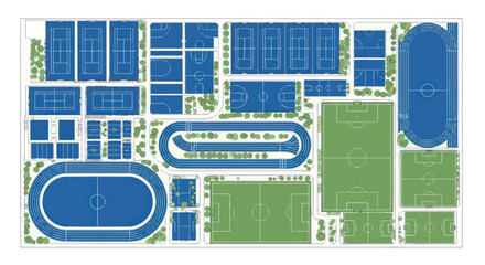 Aerial View Sports Complex with Running Tracks, Soccer Fields, Tennis Courts, Basketball Courts © Andri