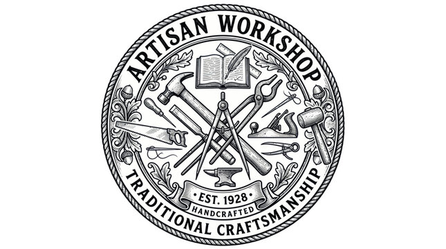Artisan Workshop Traditional Craftsmanship Emblem with Tools and Est. 1928