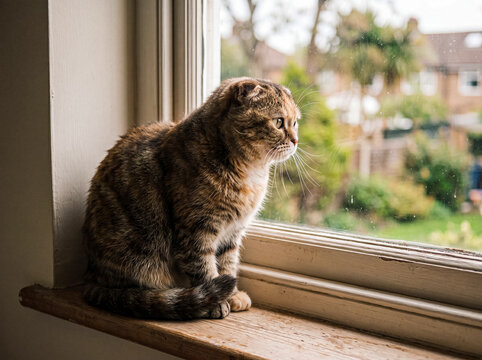 A calm tortoiseshell Scottish Fold cat observing the blurred garden outside from a wooden window ledge, quietly.