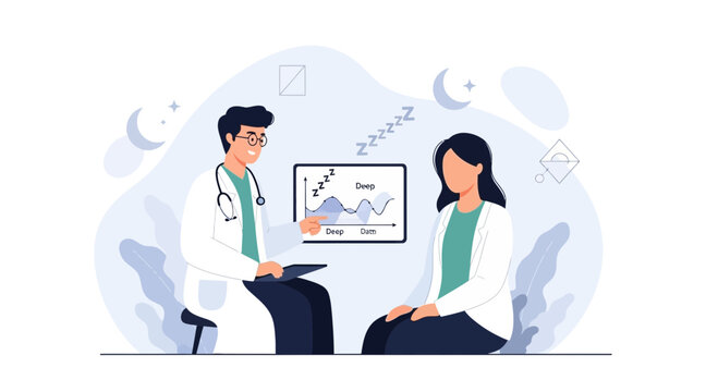 Doctor Discusses Sleep Study Results with Patient, Explaining Sleep Cycle Graph