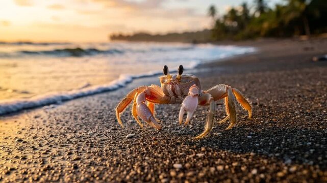ghost crab walking on pacific coast beach in costa rica tropical sunset video