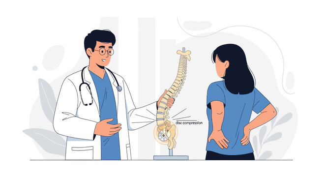 Doctor Consults Patient About Spinal Disc Compression and Back Pain with Anatomical Model