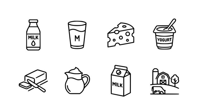 Minimal thin line dairy and milk products icon set collection with editable outline web symbols vector illustration isolated on white background