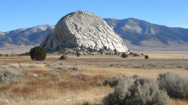 Towering Rock Formation in Vast Arid Mountain Landscape.