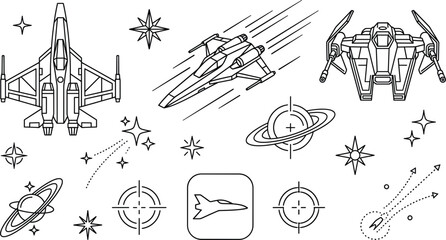 Outer Space Fighter Spaceship Icon Set with Star and Planet Elements for Website Designs, © pappa