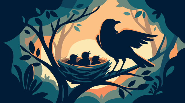 Mother bird with chicks in nest on tree branch at sunset