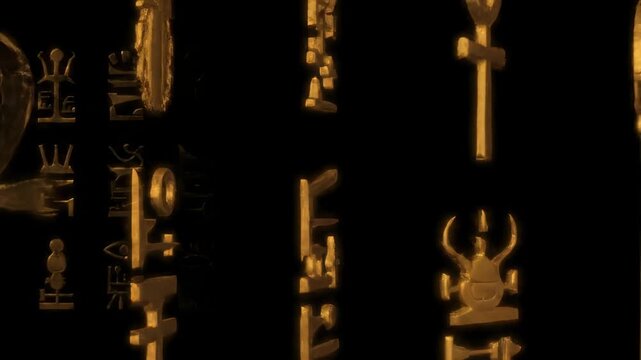 Glowing golden Ancient Egyptian symbols arranged on a black background