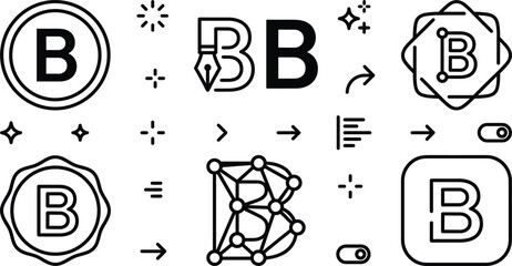Letter B Logo and Typography Font Icon Set with Graphic Design Tools for Websites, © pappa