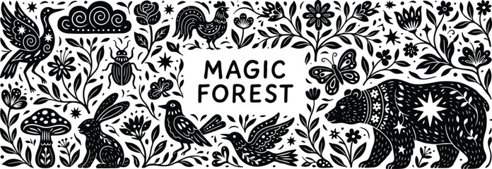 Black and white folk of a magic forest with animals and plants folk magic forest © MDSHAHIN