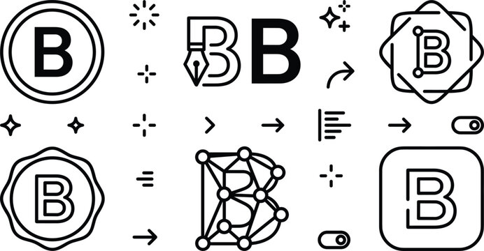 Letter B Logo and Typography Font Icon Set with Graphic Design Tools for Websites,