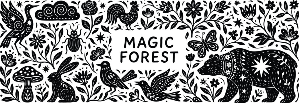 Black and white folk of a magic forest with animals and plants folk magic forest