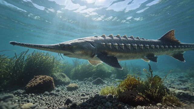 atlantic sturgeon fish swimming underwater in eastern north america river video