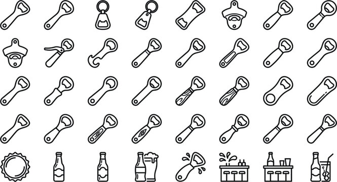 Bottle Opener Line Icon Set with Beer Bottles Caps Keychains Bar Counters and Drink Glass Symbols for Pub Restaurant and Party Graphic DesignsBottle Opener Line Icon Set with Beer Bottles Caps Keychai