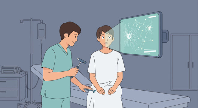 Neurology Exam: Doctor Tests Patient Reflexes with Hammer, Brain Scan Displayed