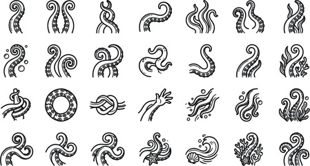 Octopus Tentacle and Squid Arm Line Icon Set with Kraken Suction Cups Ocean Waves Coral Reef and Sea Monster Monster Symbols for Nautical DesignsOctopus Tentacle and Squid Arm Line Icon Set with Krake © Shameem