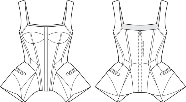 Women's Structured Peplum Corset Top Technical Flat Sketch Front and Back Views