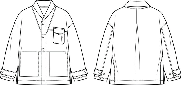 Women's Relaxed Fit Utility Jacket Technical Flat Sketch Front and Back Views