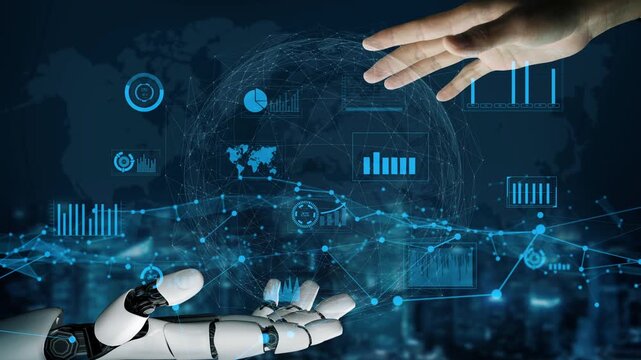 A striking image showcasing the interaction between a human hand and a robotic hand, surrounded by data visualizations and digital elements, symbolizing technological innovation. Xenic