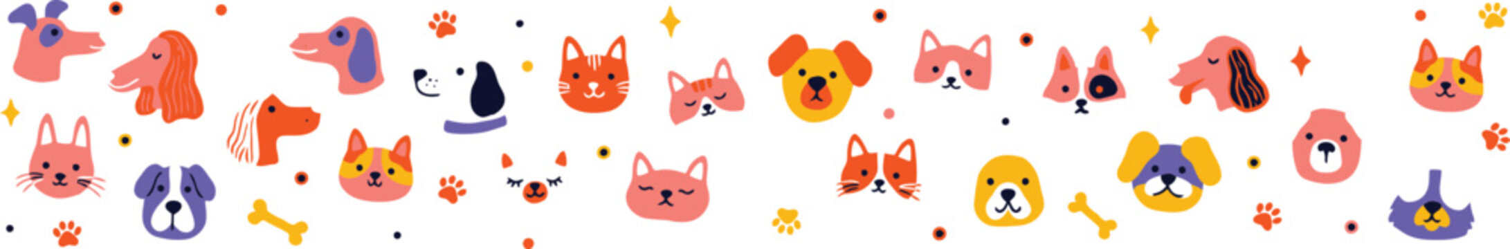 Collection of stylized dog and cat faces with paw prints and bones