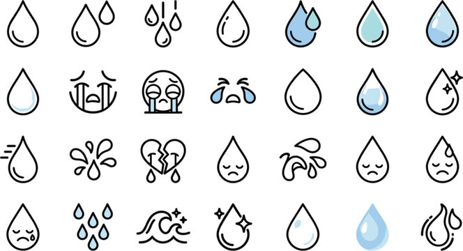 Water Drop and Crying Teardrop Line Icon Set with Sad Emojis Sweat Splashes and Rain Symbols for Emotion Care and Graphic DesignsWater Drop and Crying Teardrop Line Icon Set with Sad Emojis Sweat Spla