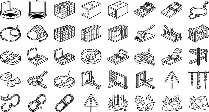 Animal Trap and Hunting Equipment Line Icon Set with Bear Traps Cages Snares Mousetraps Nets and Warning Signs for Wildlife Control and Outdoor Survival DesignsAnimal Trap and Hunting Equipment Line I