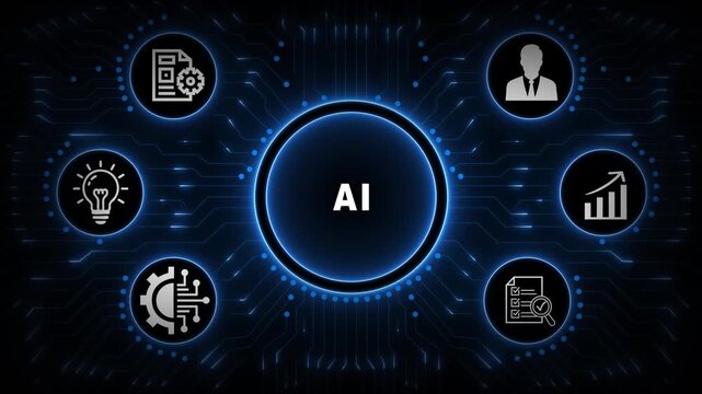 AI Intelligence Hub with Blue Circular Interface, Connected Technology Icons and Futuristic Digital Network Background