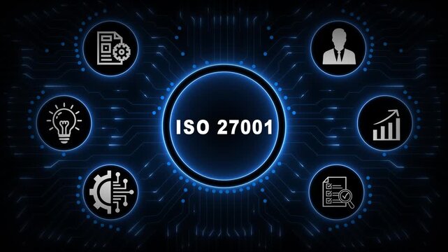 ISO 27001 Compliance Interface with Blue Circular Dashboard, Security Icons and Digital Governance Network Background
