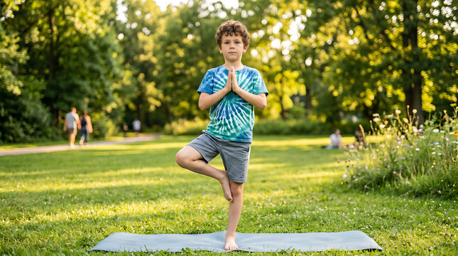 Young Boy Practicing Tree Pose Yoga Outdoors in Sunny Park, Healthy Lifestyle, Balance and Mindfulness Training for Children