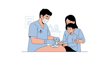 Fototapeta premium Doctor examining child with mother at clinic, medical care, illustration