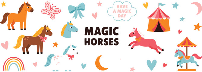 Whimsical cartoon horses and circus with text magic horses tent © MDSHAHIN