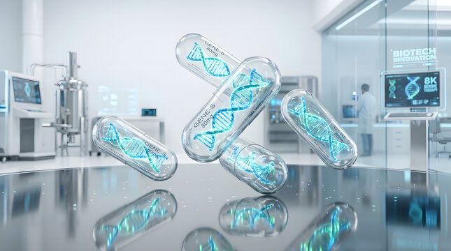 Floating gene therapy capsules with dna helix inside in a modern biotechnology laboratory setting