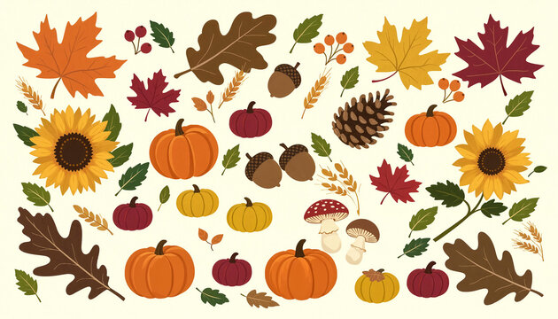 Autumn harvest set with pumpkins, sunflowers, leaves, acorns, and mushrooms