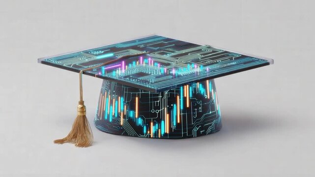 A graduation cap transformed into a high-tech academic symbol, showcasing circuit board patterns and stock market graphs. ..Created with Generative AI, not depicting real subjects.