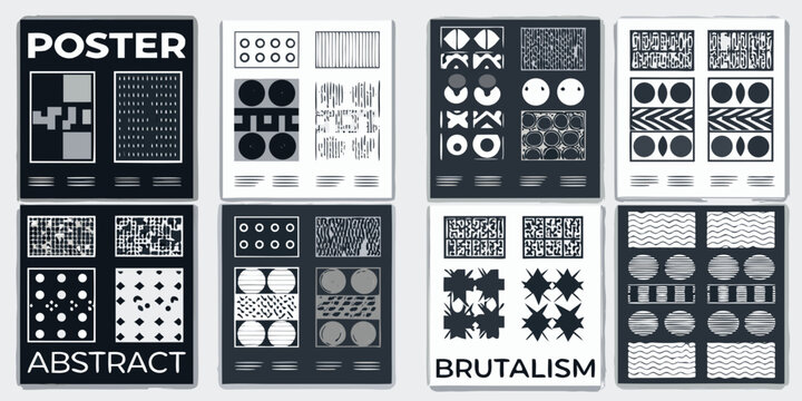 Brutalism abstract patterns collection black and white geometric designs on poster style cards pattern design