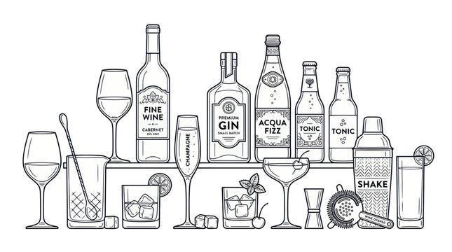 Cocktail Bar Essentials: Drinks, Glasses, and Bartending Tools - Hand-Drawn Vector Illustration