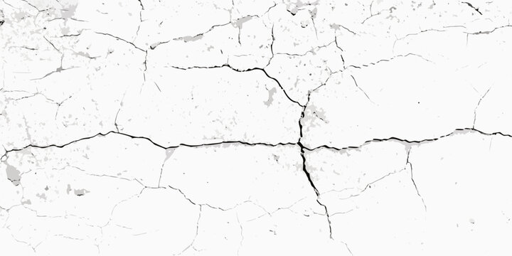 Cracked plaster texture with irregular fissures black and white on a white background broken chipped