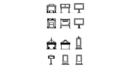  Line art icons of furniture, tents, kiosks and display stands for events  © Tauqeer