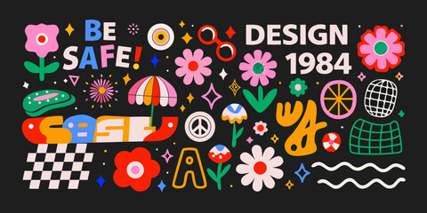 Retro floral ornament and geometric pattern collection vibrant vector illustration on black background 1980s abstract © RanjanKumar