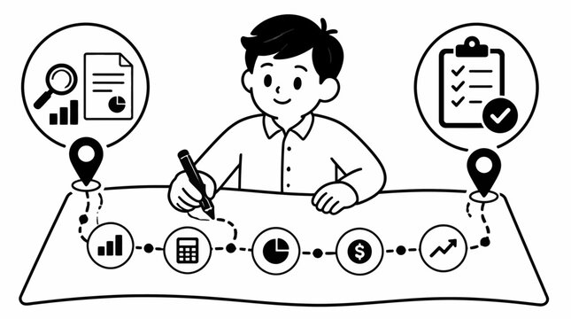 Businessman analyzing data and charts on a large table.