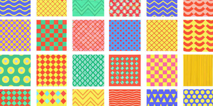 Geometric pattern collection with colorful squares circles and wavy lines on a white background abstract