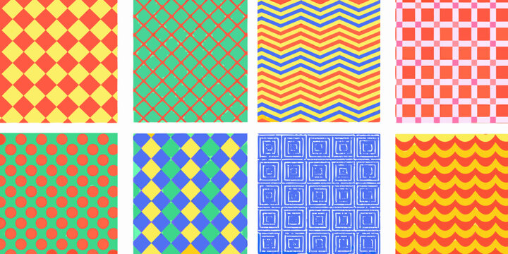 Geometric pattern collection featuring diamonds chevrons dots and waves in vibrant colors abstract design shapes
